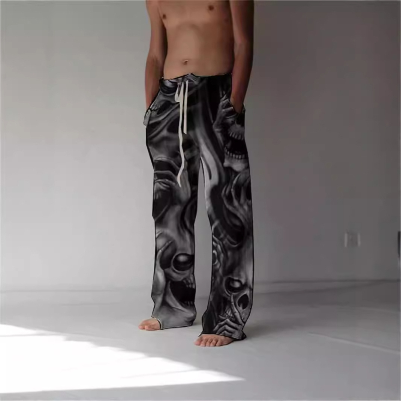 Pantaloni casual bărbați, talie înaltă, croială lejeră, drept, imprimeu desenat manual, poliester, vară 2024