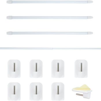 30 cm rozťahovacia tyč s dvomi malými malými bielymi háčikmi; lepiace háčiky; set obsahuje jednu tyč a dva háčiky.