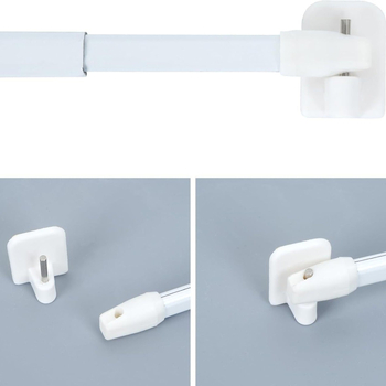 30 cm rozťahovacia tyč s dvomi malými malými bielymi háčikmi; lepiace háčiky; set obsahuje jednu tyč a dva háčiky.
