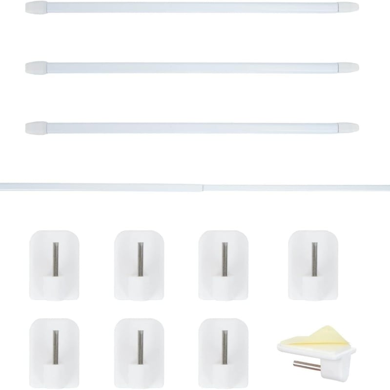 30 cm rozťahovacia tyč s dvomi malými malými bielymi háčikmi; lepiace háčiky; set obsahuje jednu tyč a dva háčiky.