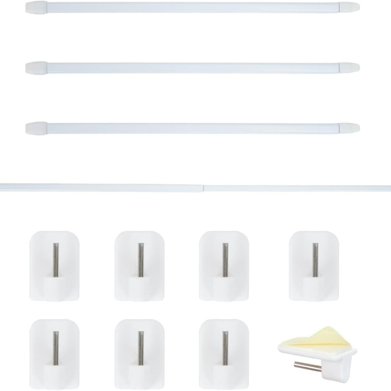 30 cm rozťahovacia tyč s dvomi malými malými bielymi háčikmi; lepiace háčiky; set obsahuje jednu tyč a dva háčiky.