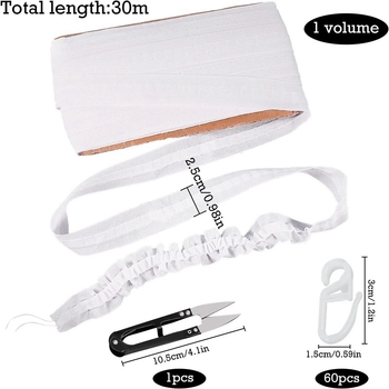 Set 30 m textilného pásu so 60 kolieskami a nožnicami, háčiky z elastickej pásky 1 palec, DIY príslušenstvo pre závesy