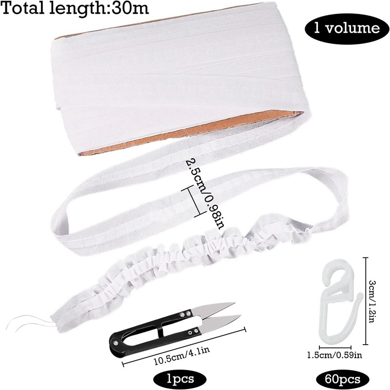 Set 30 m textilného pásu so 60 kolieskami a nožnicami, háčiky z elastickej pásky 1 palec, DIY príslušenstvo pre závesy