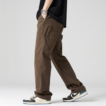 Ανδρικές βαμβακερές παντελόνες casual με patchwork και μεταλλικά στοιχεία — μεσαίας ζώνης, ίσια γραμμή, αστικό στυλ