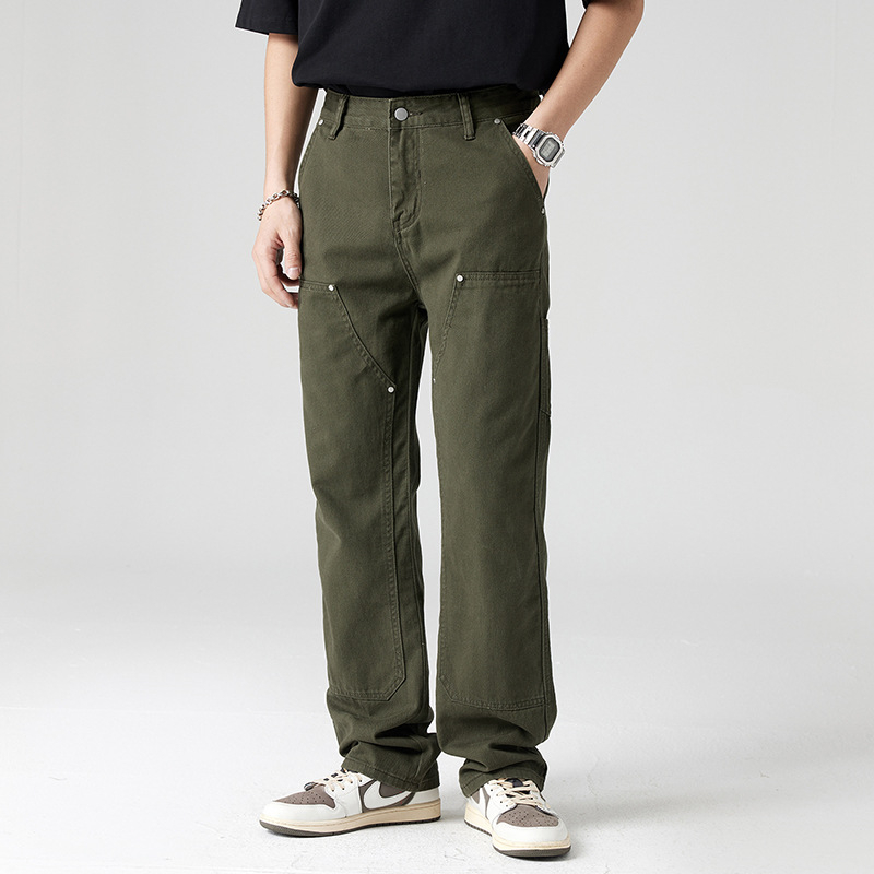Ανδρικές βαμβακερές παντελόνες casual με patchwork και μεταλλικά στοιχεία — μεσαίας ζώνης, ίσια γραμμή, αστικό στυλ
