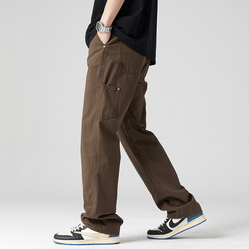 Ανδρικές βαμβακερές παντελόνες casual με patchwork και μεταλλικά στοιχεία — μεσαίας ζώνης, ίσια γραμμή, αστικό στυλ