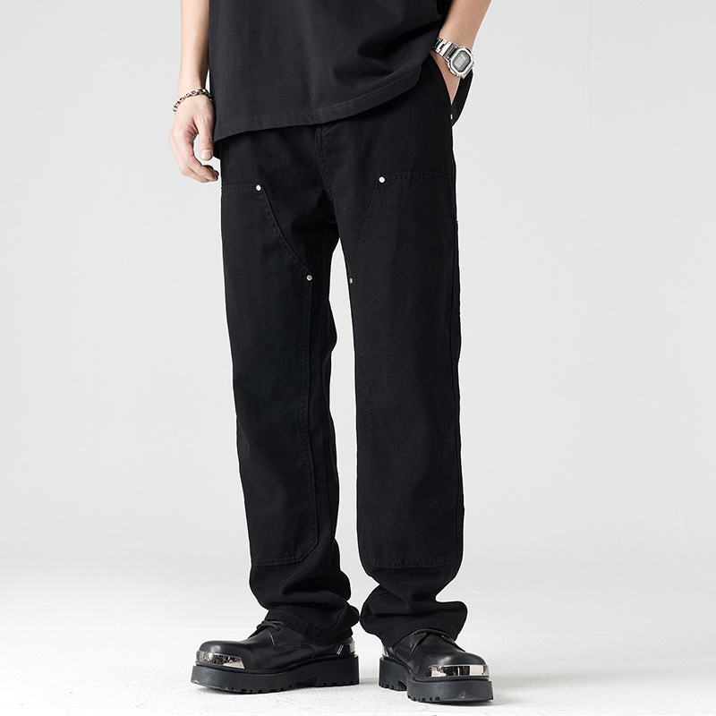 Ανδρικές βαμβακερές παντελόνες casual με patchwork και μεταλλικά στοιχεία — μεσαίας ζώνης, ίσια γραμμή, αστικό στυλ