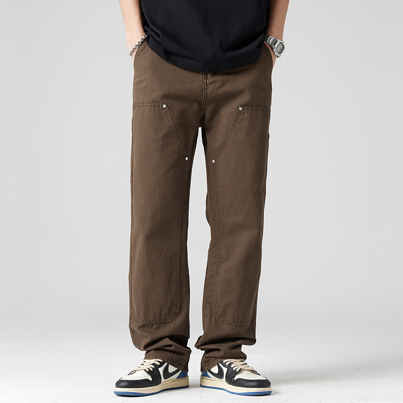 Ανδρικές βαμβακερές παντελόνες casual με patchwork και μεταλλικά στοιχεία — μεσαίας ζώνης, ίσια γραμμή, αστικό στυλ