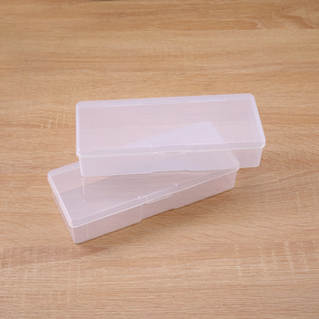 Priehľadná PP plastová úložná škatuľka s vekom – stolný organizér na šperky, káble a malé diely, rozmery 19 × 7,5 × 3,8 cm