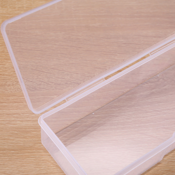 Priehľadná PP plastová úložná škatuľka s vekom – stolný organizér na šperky, káble a malé diely, rozmery 19 × 7,5 × 3,8 cm