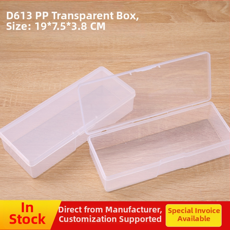 Priehľadná PP plastová úložná škatuľka s vekom – stolný organizér na šperky, káble a malé diely, rozmery 19 × 7,5 × 3,8 cm