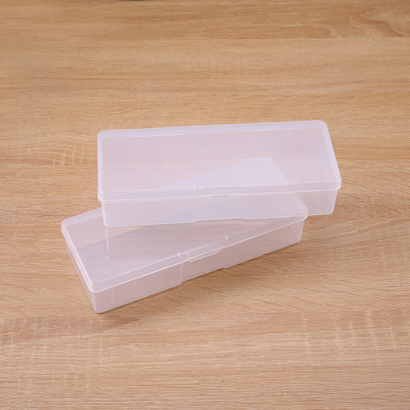 Priehľadná PP plastová úložná škatuľka s vekom – stolný organizér na šperky, káble a malé diely, rozmery 19 × 7,5 × 3,8 cm