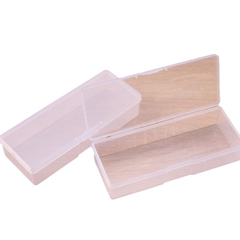 Priehľadná PP plastová úložná škatuľka s vekom – stolný organizér na šperky, káble a malé diely, rozmery 19 × 7,5 × 3,8 cm