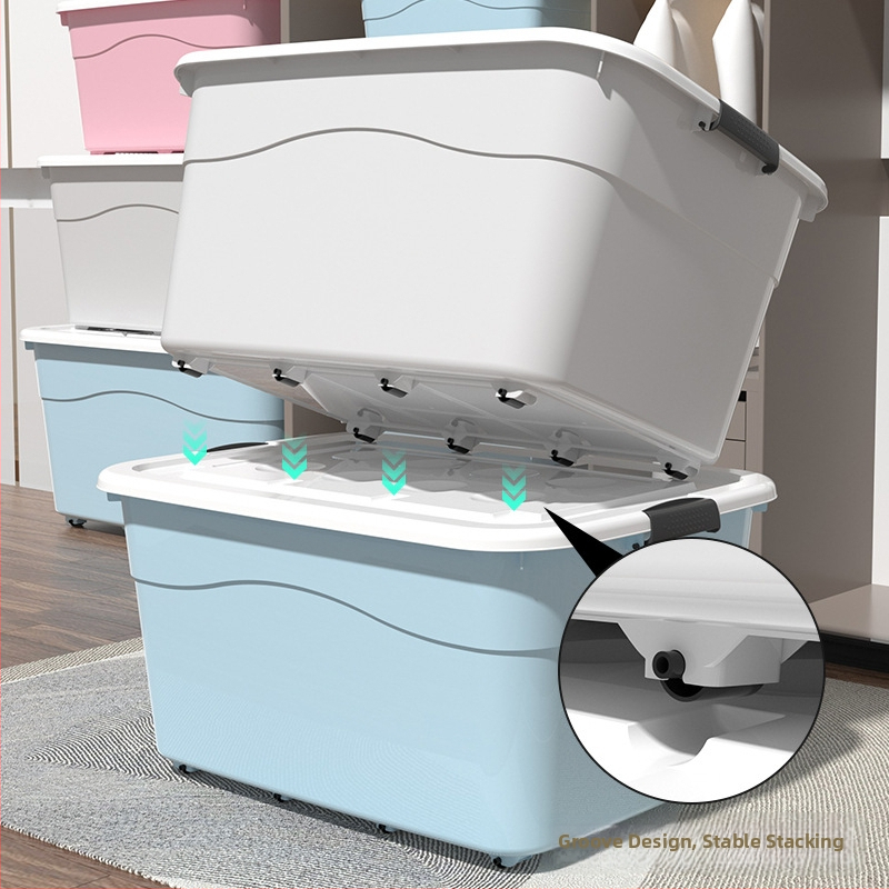 Veľká plastová úložná škatuľa s vekom a kolieskami, prachotesná, určená pre oblečenie, občerstvenie a ďalšie veci