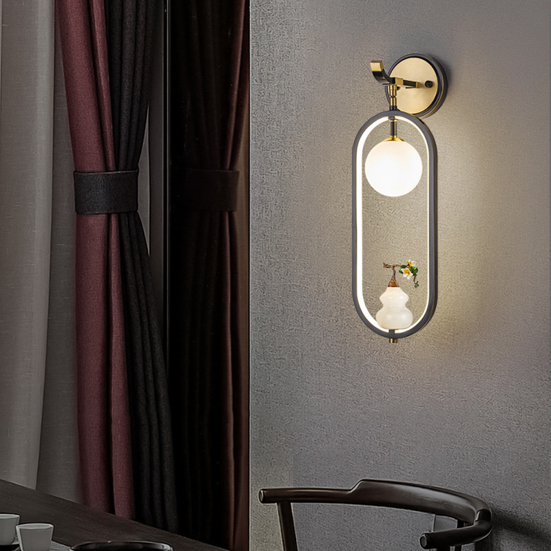Nová čínskeho štýlu meďová stenová lampa pre spálňu, chodbu a obývačku – zenové osvetlenie pre pozadie televízora