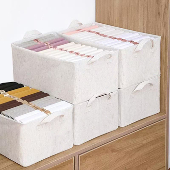 Úložná krabička zo zmesi bavlny a ľanu, pratiteľná, krémová farba, s rúčkou; skladací textilný organizér na ponožky a nohavice; objem 26 l, rozmery 47×28×20 cm