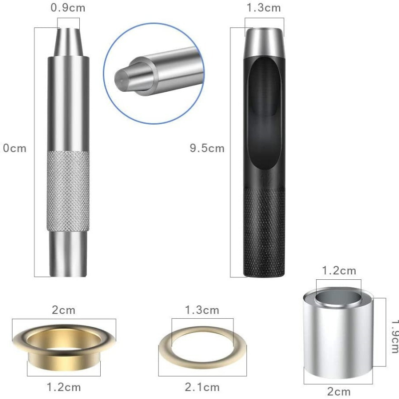 100 súprav dvoubarevných kovových očiek s vnútorným priemerom 12 mm a 3 montážnymi nástrojmi, mosadzový vzhľad, pre stany