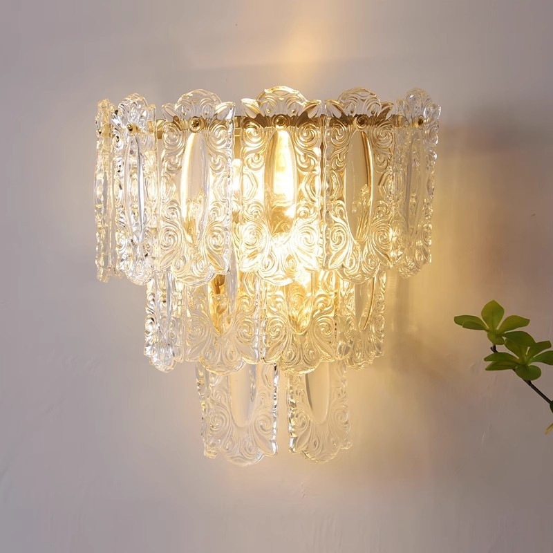 Staklena zidna lampa za spavaću sobu, talijanski vintage stil, kristalni detalji, minimalističko LED unutarnje osvjetljenje