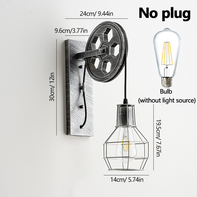 Kovana željezna zidna lampa u retro industrijskom stilu, prilagodljiv mehanizam dizanja s kolutnim pogonom, LED unutarnja rasvjeta za spavaću sobu i hodnik