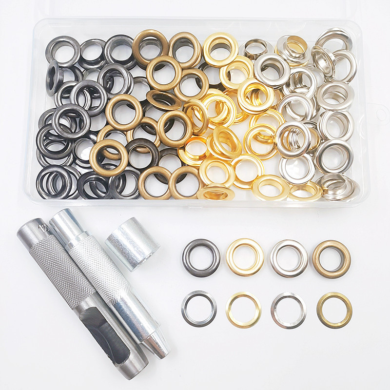 Set alata za ugradnju bakrenih metalnih očiju promjera unutarnjeg 12 mm, 100 setova, 4 boje; pogodno za tende, torbe, zavjese, sjenila mrežu i tarpaulin