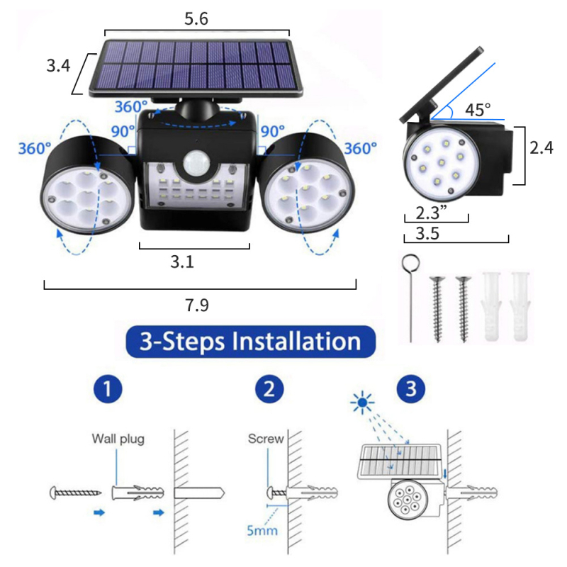 Solarna zidna vanjska svjetiljka s detekcijom pokreta, dvostruka glava, 30 LED, rotirajuće osvjetljenje dvorišta, IP65 vodootporna