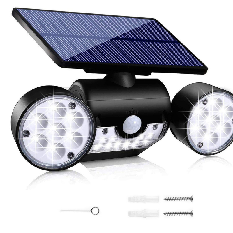 Solarna zidna vanjska svjetiljka s detekcijom pokreta, dvostruka glava, 30 LED, rotirajuće osvjetljenje dvorišta, IP65 vodootporna