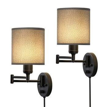 Američkog stila minimalistička zidna lampa za spavaću sobu, retro ljuljaškim ramenom i utičnicom, sjenilo od lanene tkanine