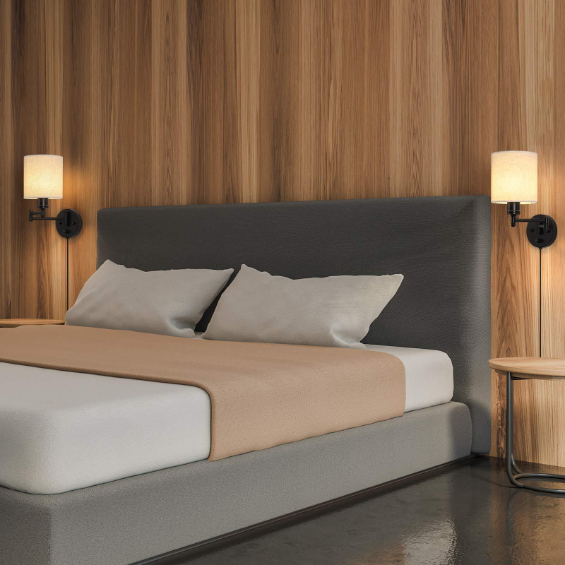 Američkog stila minimalistička zidna lampa za spavaću sobu, retro ljuljaškim ramenom i utičnicom, sjenilo od lanene tkanine