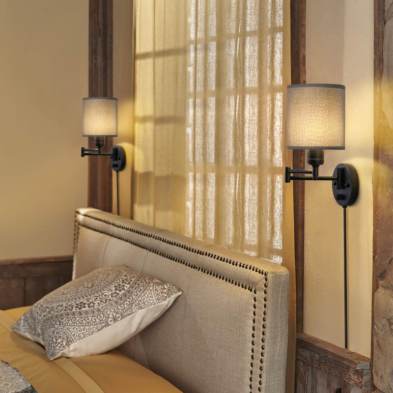 Američkog stila minimalistička zidna lampa za spavaću sobu, retro ljuljaškim ramenom i utičnicom, sjenilo od lanene tkanine