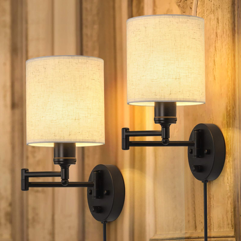 Američkog stila minimalistička zidna lampa za spavaću sobu, retro ljuljaškim ramenom i utičnicom, sjenilo od lanene tkanine