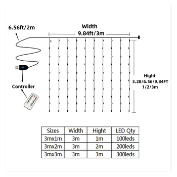 Unutarnja LED zavjesa s nizom svjetala, 3m x 3m, 300 LED, topla bijela 2800K, USB napajanje, daljinsko upravljanje, IP43, dekor soba, atmosfera zvjezdanog neba