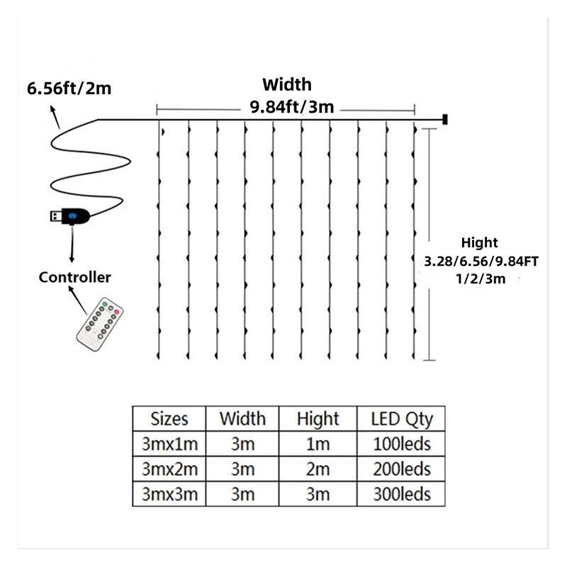 Unutarnja LED zavjesa s nizom svjetala, 3m x 3m, 300 LED, topla bijela 2800K, USB napajanje, daljinsko upravljanje, IP43, dekor soba, atmosfera zvjezdanog neba