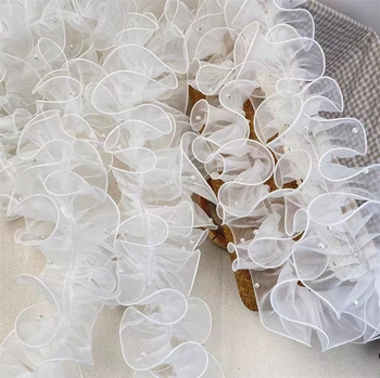 Bijela organza s perlama i plisiranom čipkom, širina 12 cm, ukras za kosu za vjenčanje