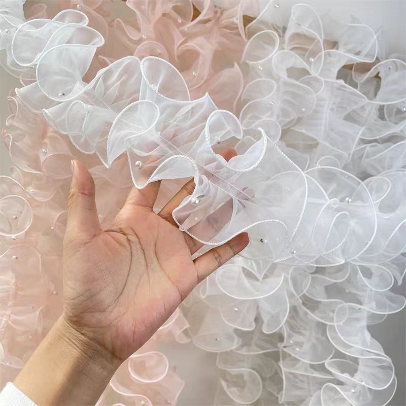 Bijela organza s perlama i plisiranom čipkom, širina 12 cm, ukras za kosu za vjenčanje