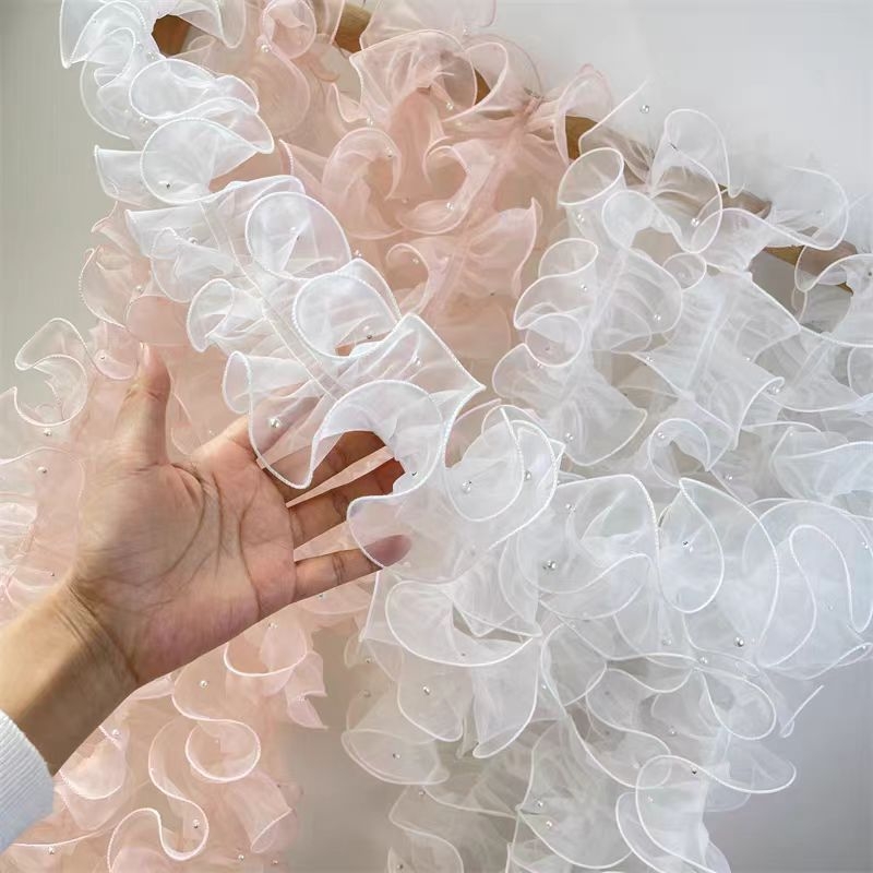 Bijela organza s perlama i plisiranom čipkom, širina 12 cm, ukras za kosu za vjenčanje