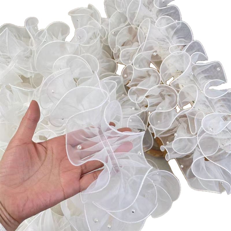 Bijela organza s perlama i plisiranom čipkom, širina 12 cm, ukras za kosu za vjenčanje