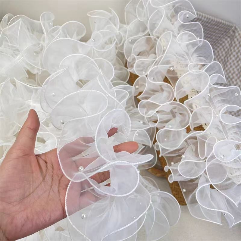 Bijela organza s perlama i plisiranom čipkom, širina 12 cm, ukras za kosu za vjenčanje