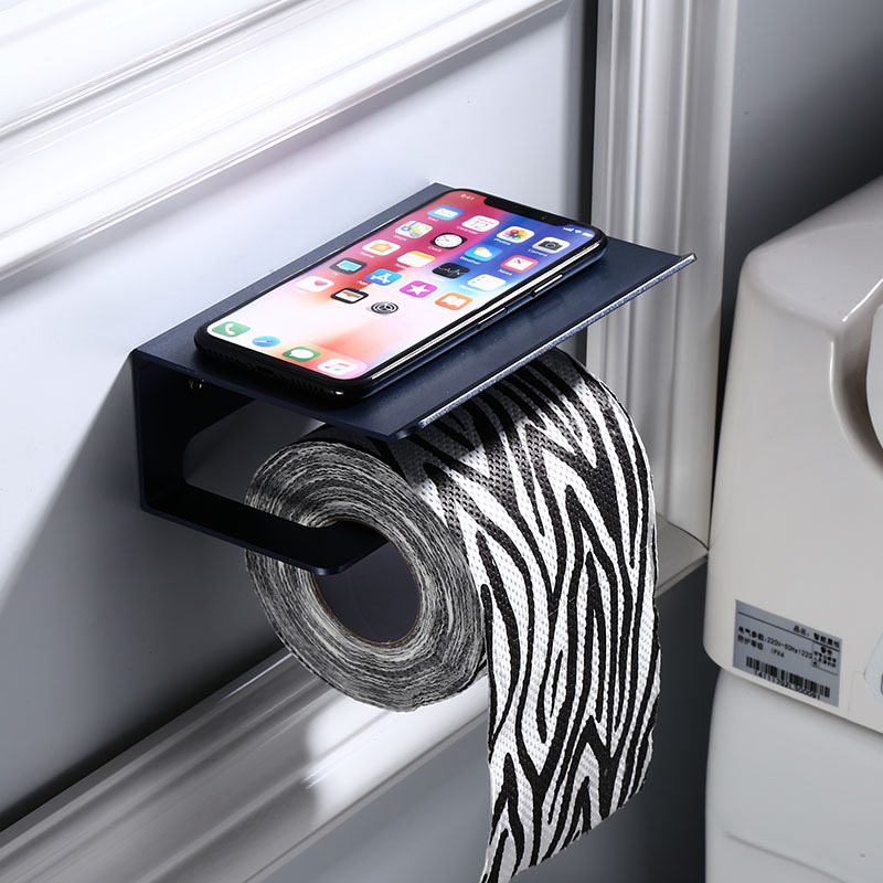 Zidni držač za toaletni papir bez bušenja, s kutijom za maramice i držačem za telefon, kružni dizajn, crna, aluminijska legura, kupaonica u skandinavskom stilu