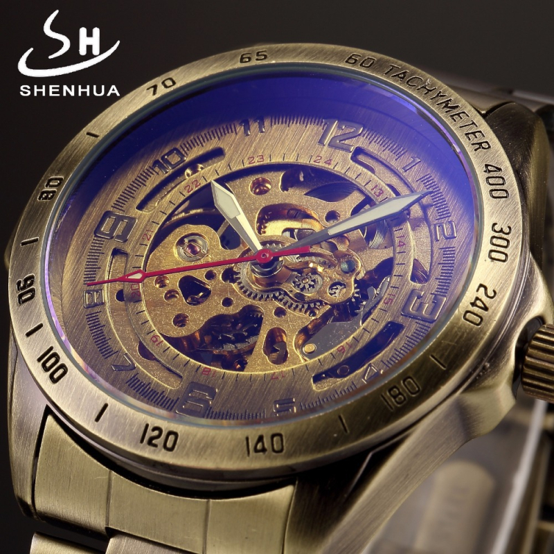 shenhua Férfi csontváz dizájnú automata mechanikus karóra, mindennapi nosztalgikus stílus, 42 mm-es számlap, bőrszíj