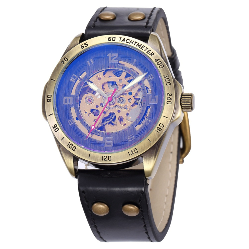 shenhua Férfi csontváz dizájnú automata mechanikus karóra, mindennapi nosztalgikus stílus, 42 mm-es számlap, bőrszíj
