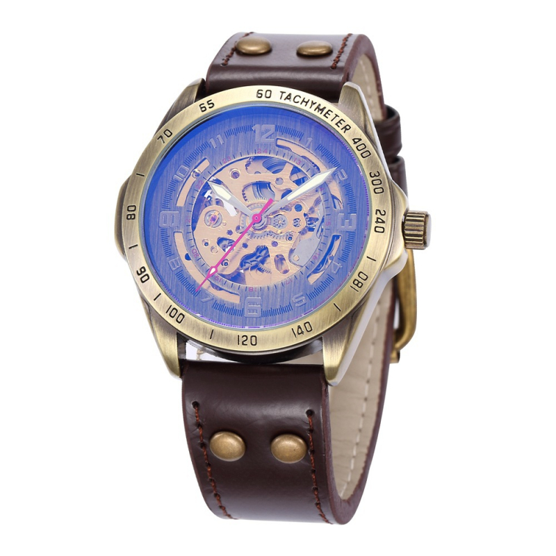 shenhua Férfi csontváz dizájnú automata mechanikus karóra, mindennapi nosztalgikus stílus, 42 mm-es számlap, bőrszíj