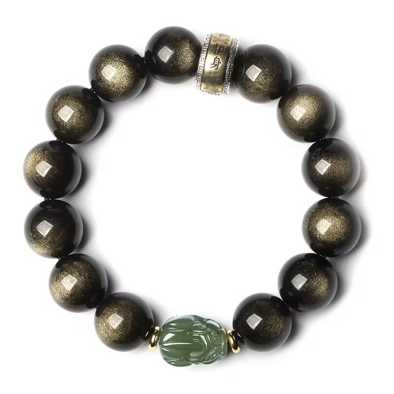 Unisex Pixiu narukvica od Hetian jadea s obsidianom i zlatnim koralima, Buddha perle, dar