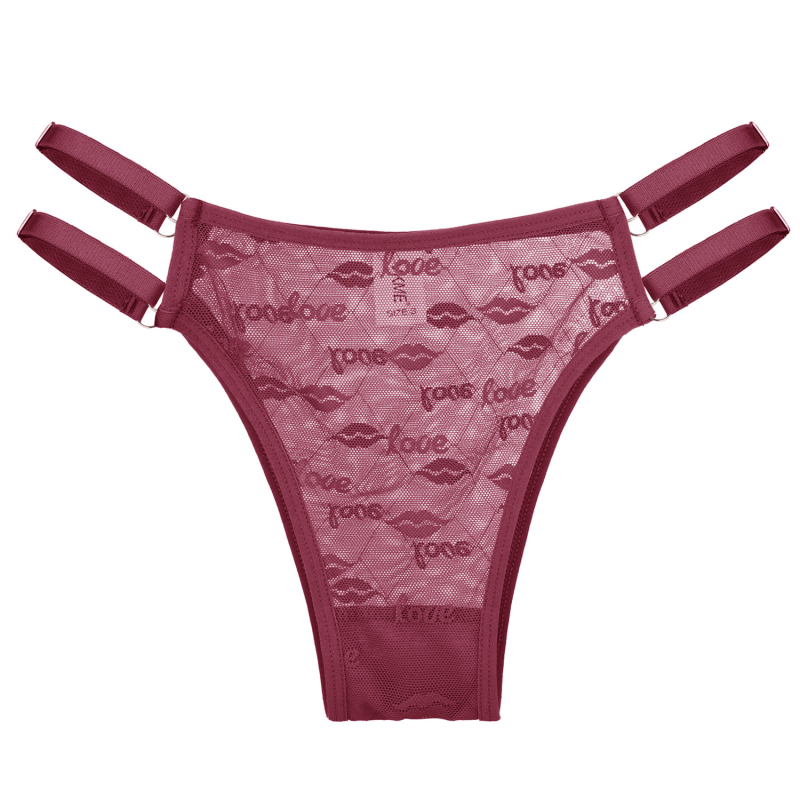 Seksi ženske gaćice s podesivim kopčom i otvorenim dizajnom, niski struk, Jacquard čipka i mreža, prozirne – Love Lips motiv