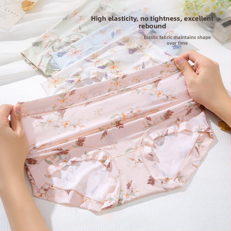 Ženske gaćice visokog struka od ice silk, s floralnim printom, ultra tanke, brzo sušeće, prozračne, s Mulberry svilenom podstavom u području prepona