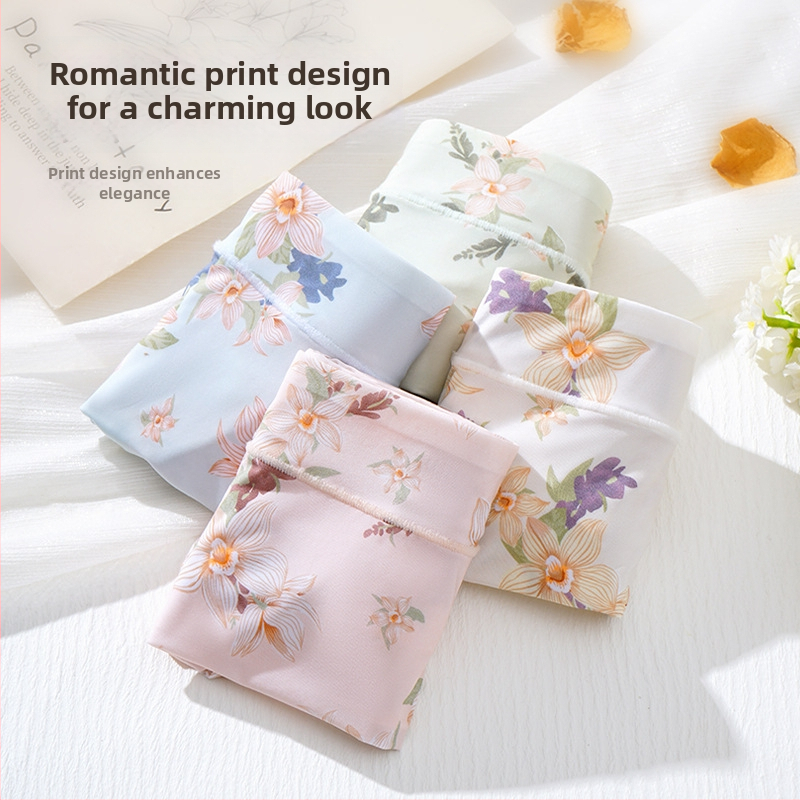 Ženske gaćice visokog struka od ice silk, s floralnim printom, ultra tanke, brzo sušeće, prozračne, s Mulberry svilenom podstavom u području prepona