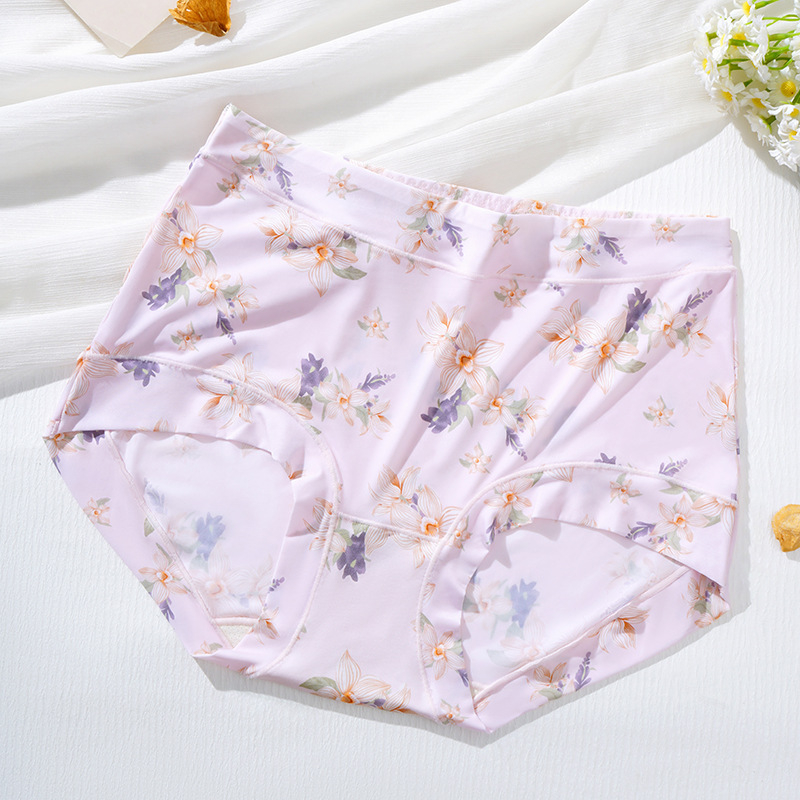 Ženske gaćice visokog struka od ice silk, s floralnim printom, ultra tanke, brzo sušeće, prozračne, s Mulberry svilenom podstavom u području prepona