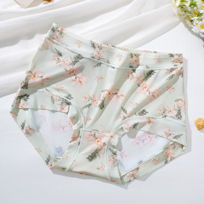Ženske gaćice visokog struka od ice silk, s floralnim printom, ultra tanke, brzo sušeće, prozračne, s Mulberry svilenom podstavom u području prepona