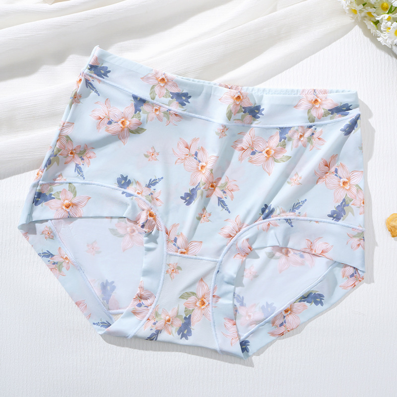 Ženske gaćice visokog struka od ice silk, s floralnim printom, ultra tanke, brzo sušeće, prozračne, s Mulberry svilenom podstavom u području prepona