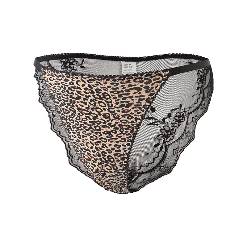 Ženske gaćice s niskim strukom, leopard uzorak, čipka, tanke elastične trake, Ice Silk tkanina, pamukasta podstava u preponama