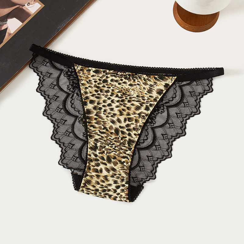 Ženske gaćice s niskim strukom, leopard uzorak, čipka, tanke elastične trake, Ice Silk tkanina, pamukasta podstava u preponama